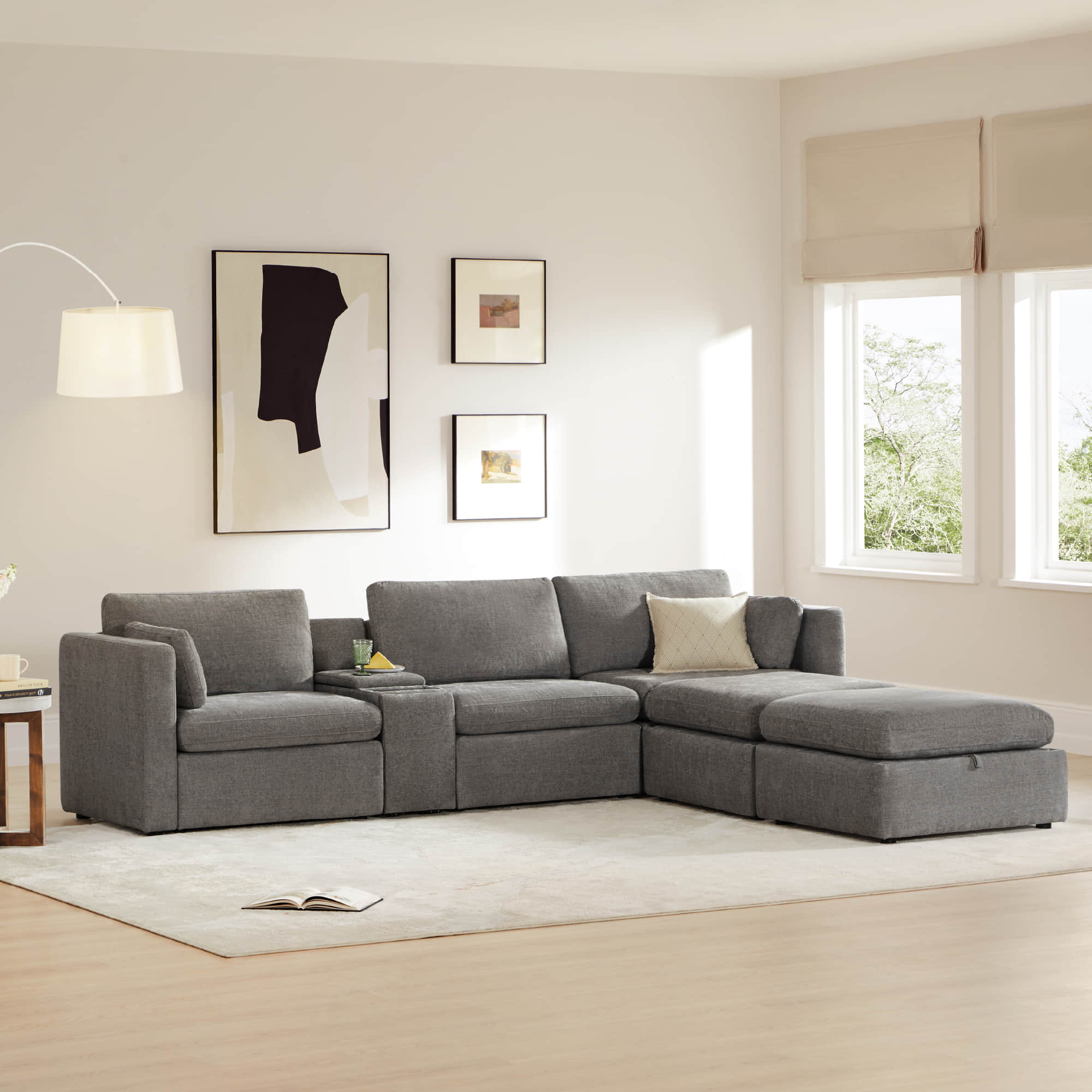 Delaney 5-Seat Modular Sofa Chaise with Storage Ottomans - Image 29