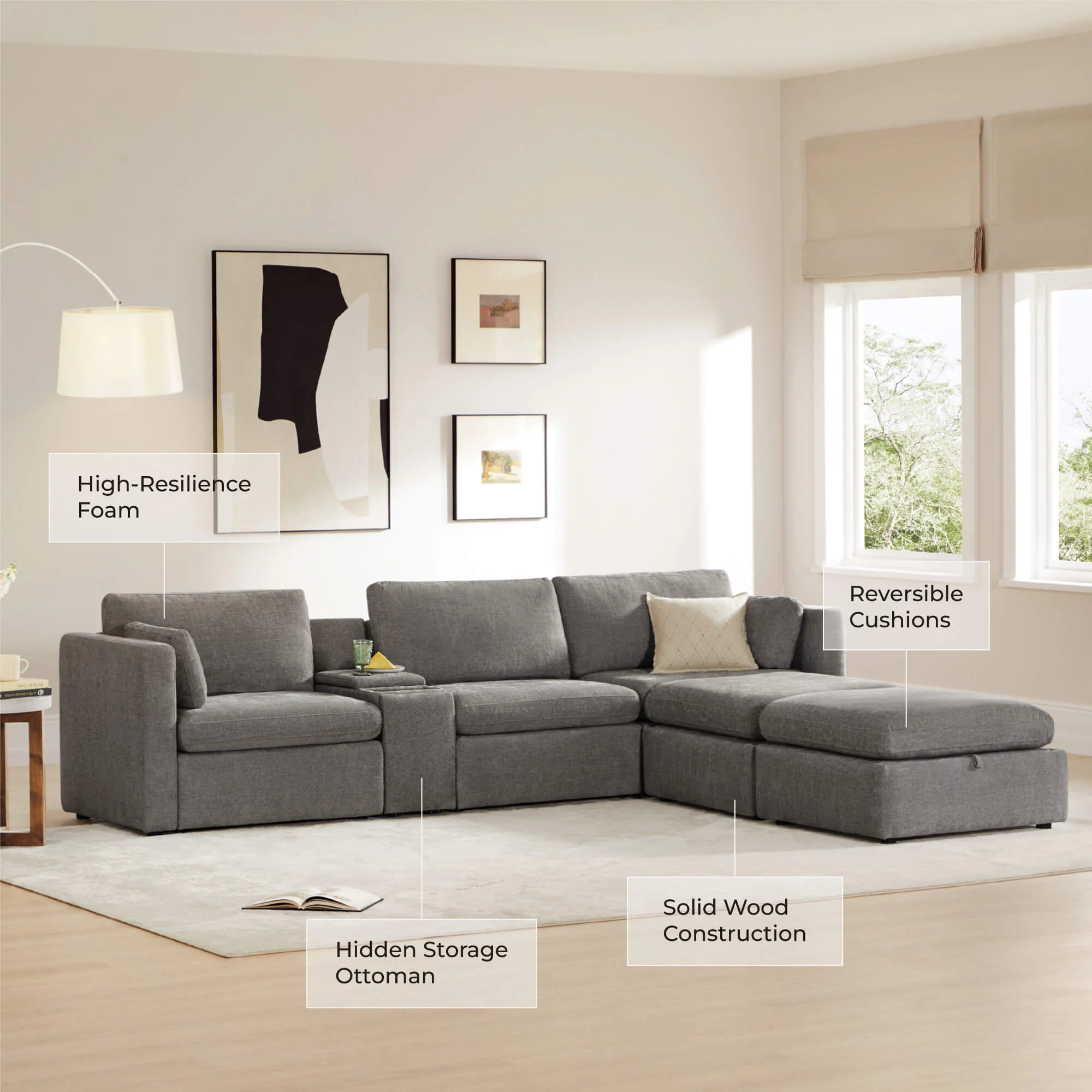 Delaney 4-Seat Modular Sofa Chaise with Storage Ottoman - Image 126